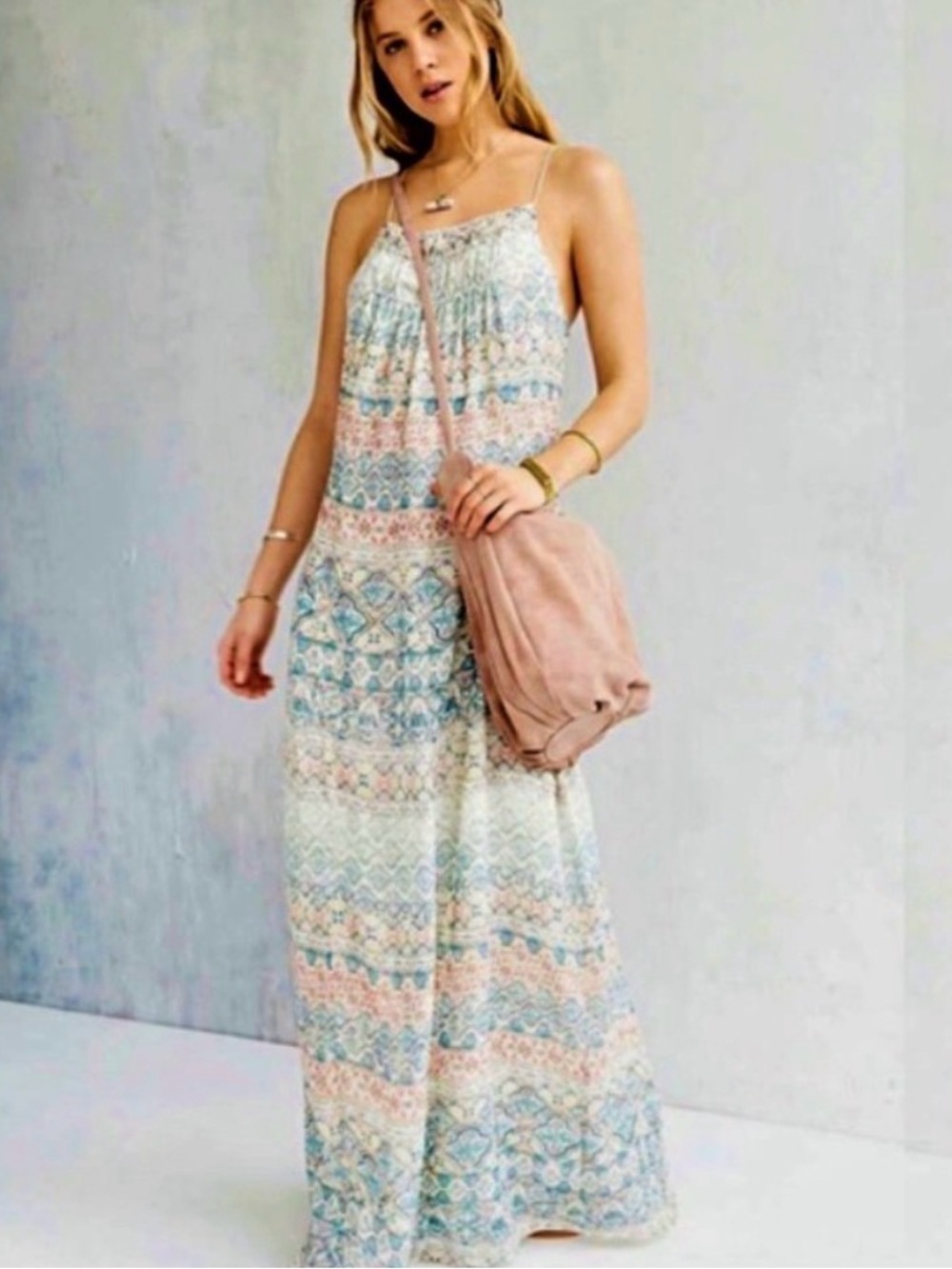 Ecote Floral Print Maxi Dress in Cream, Coral & Teal size medium